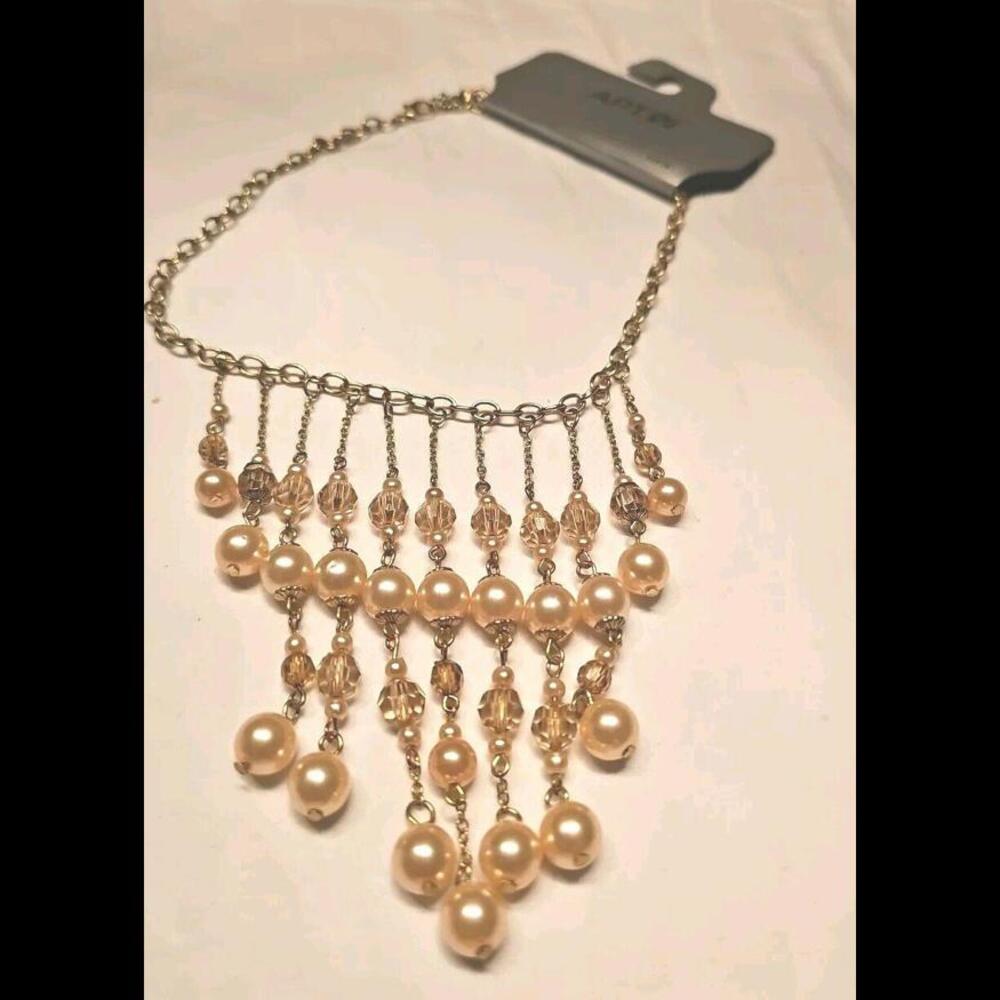 Apt 9 Faux ‎ Champagne Pearl Crystal Adjustable Necklace Gold Tone